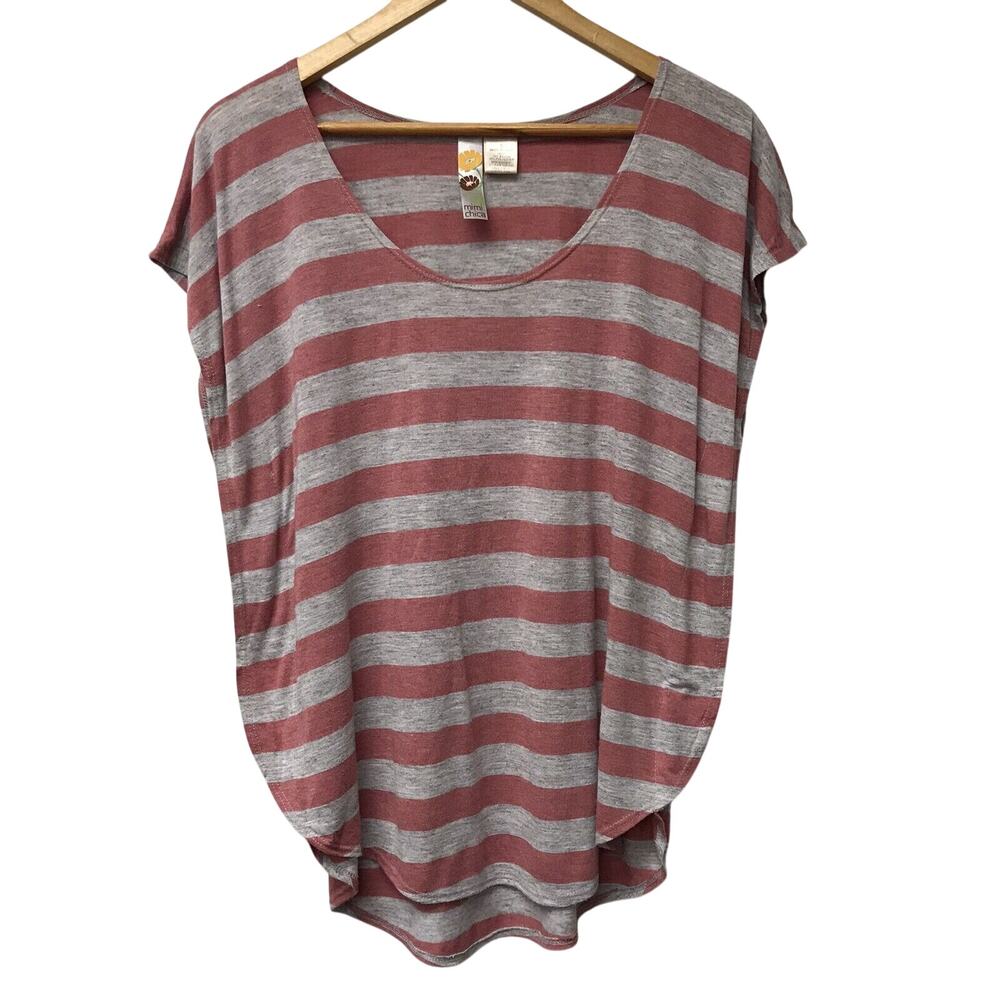 Mimi Chica Top Womens Small Gray Red Striped Round Hemline